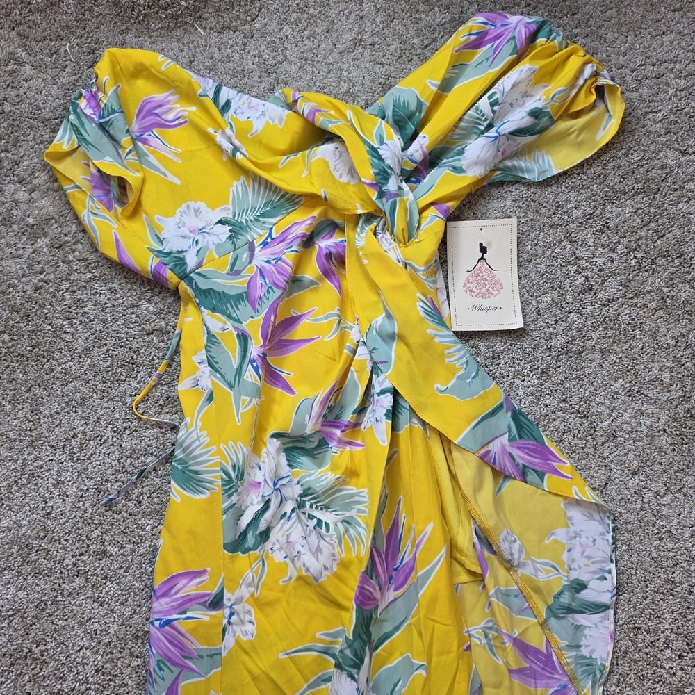 NEW Whisper Dress Womens S Yellow Wrap Maxi V-Neck Tie Flutter Sleeve Lined